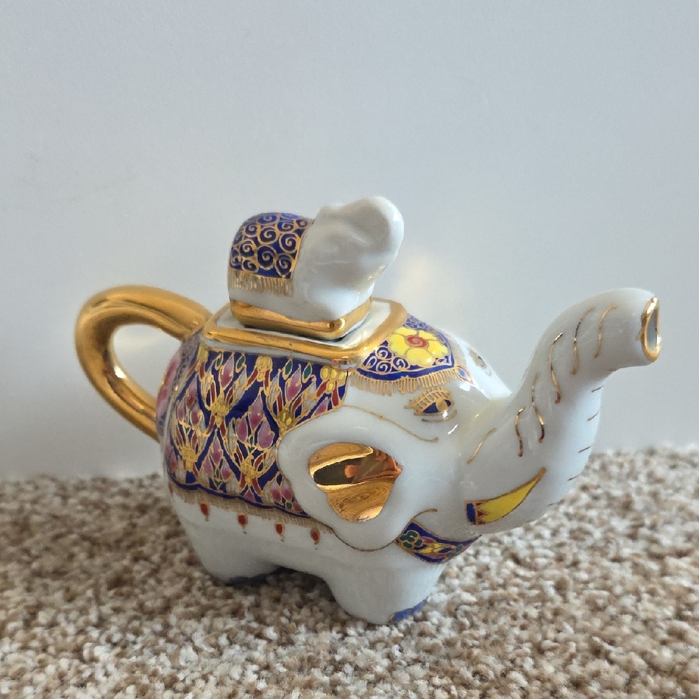 Vintage Teapot Thai Gold and Purple Elephant Teapot Hand Painted